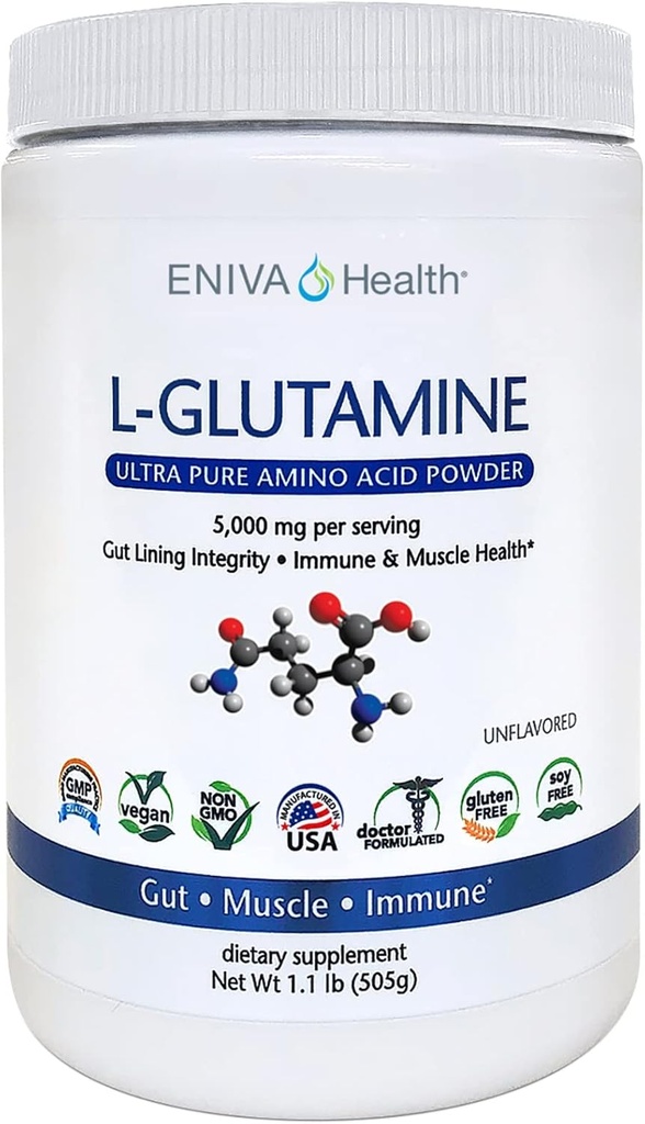 Eniva Health L-glutamin čistý prášek, bez příchutí (101 Služeb) 124; Vegan, gluten- Free, Sugar- Free, Non-GMO CLAS124; Doctor- applicated, USA Made CLAS124; Gut Health, Leaky Gut, Bloating, Muscle Health, imunitní systém