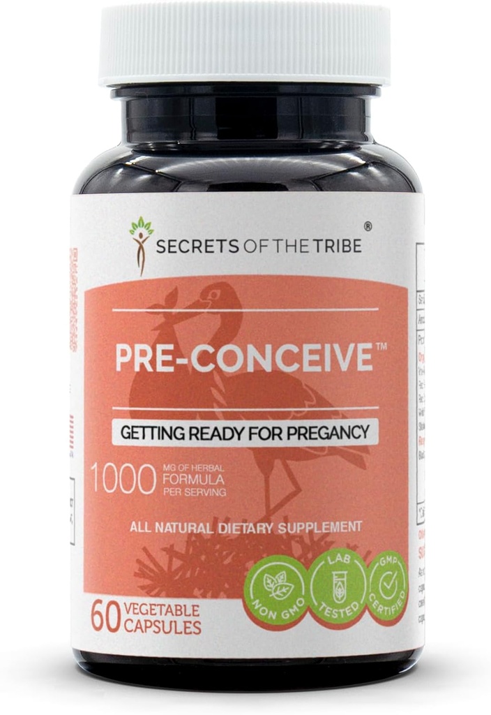 Tajemství Tribe Precept, 60 Kapsle, 1000 mg, Vitex, Red Raspberry, Black Cohosh, Red Clover, White Peony, Shatavari. Příprava na Pregancy 60 Kapsle