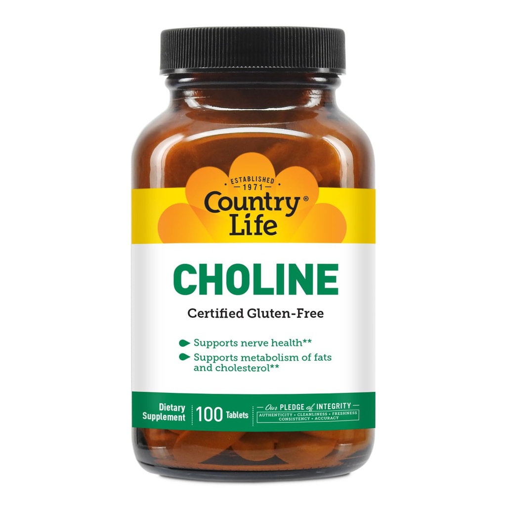 Country Life Cholin 266mg, Certified Gluten Free, Certified Vegan, Certified Halal - 100 Tablety