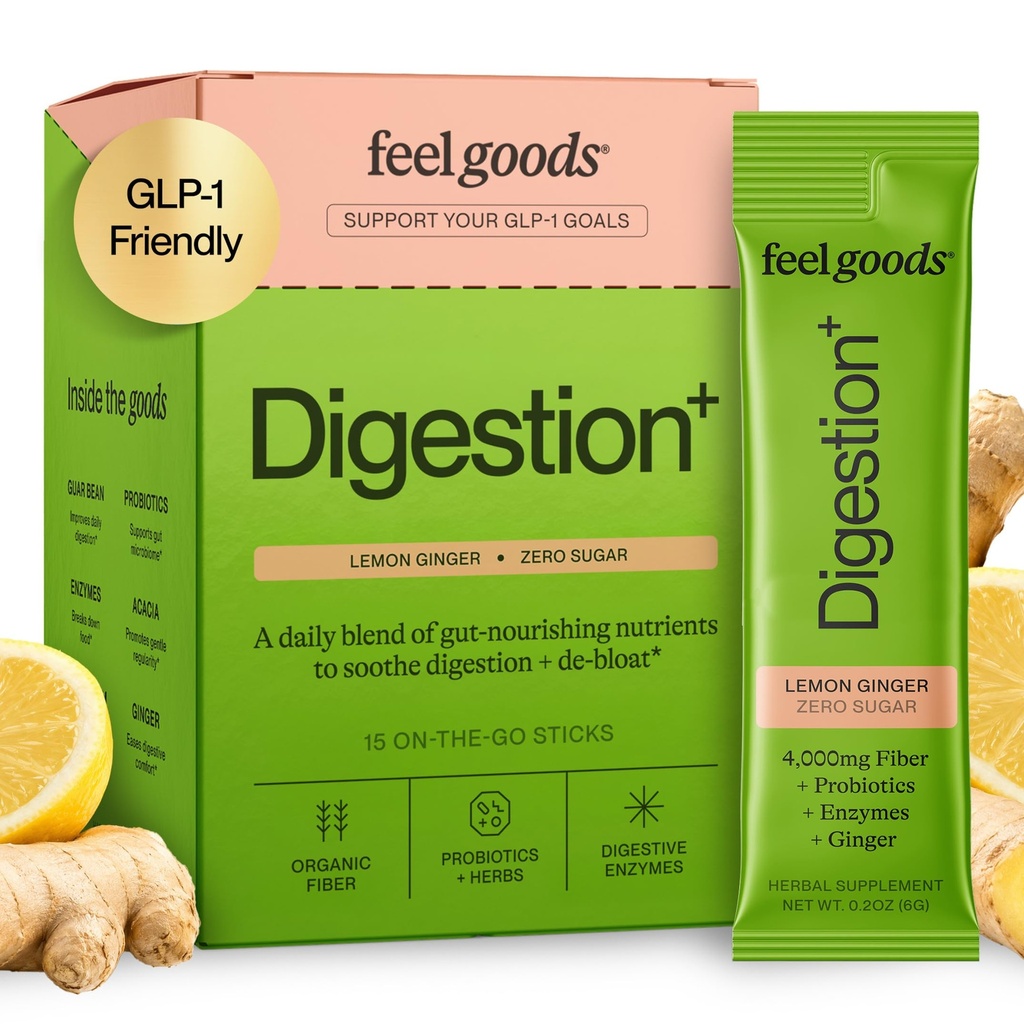 Feel zboží Gut Guardian, Organic Fiber, Probiotic & Prebiotic Powder, Sugar Free, Byliny pro Bloat, Gut Zdravotní podpora, Digestive Health for Men & Women, Non GMO, Vegan, Lemon Ginger, 15 Počet