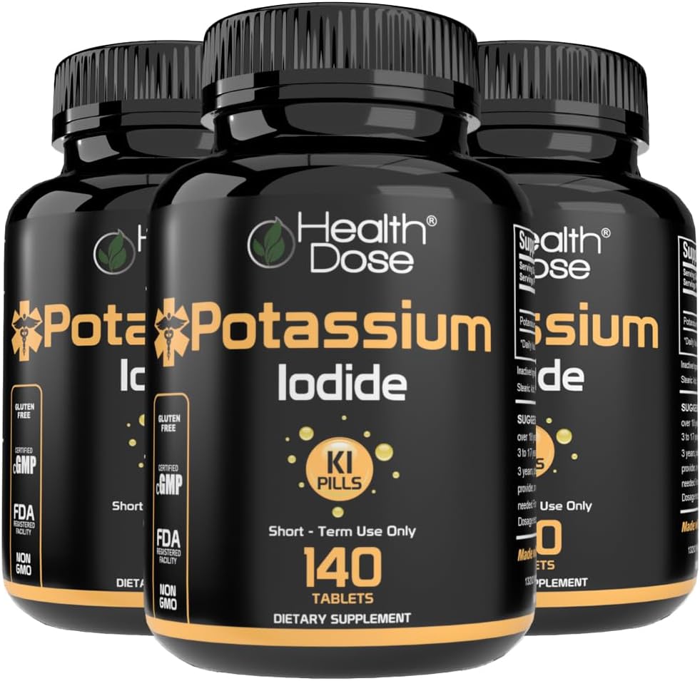 Zdravotní dávka Draslík + Iodid (KI) Tablety - 130mg 140 Tablety - pro podporu štítné žlázy, Buněčný metabolismus a rovnováhu elektrolytů - Non- GMO, Bezlepkové, GMP Certifikované balení 3