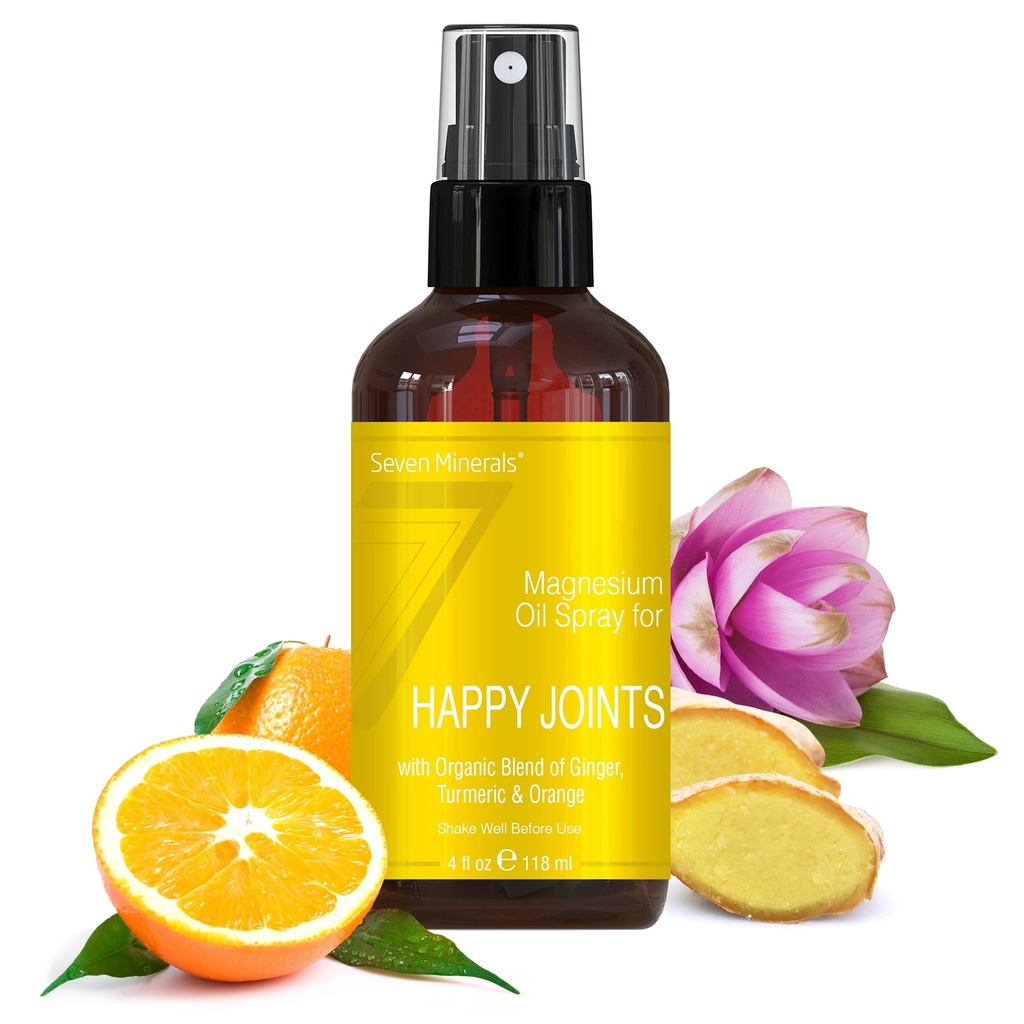 Sedm minerálů, hořčík Happy Joints Spray - Mocný USA Made hořčík olej směs s esenciální oleje (kurkuma, zázvor a pomeranč) - Volný Ebook Zahrnuto (4 fl oz)