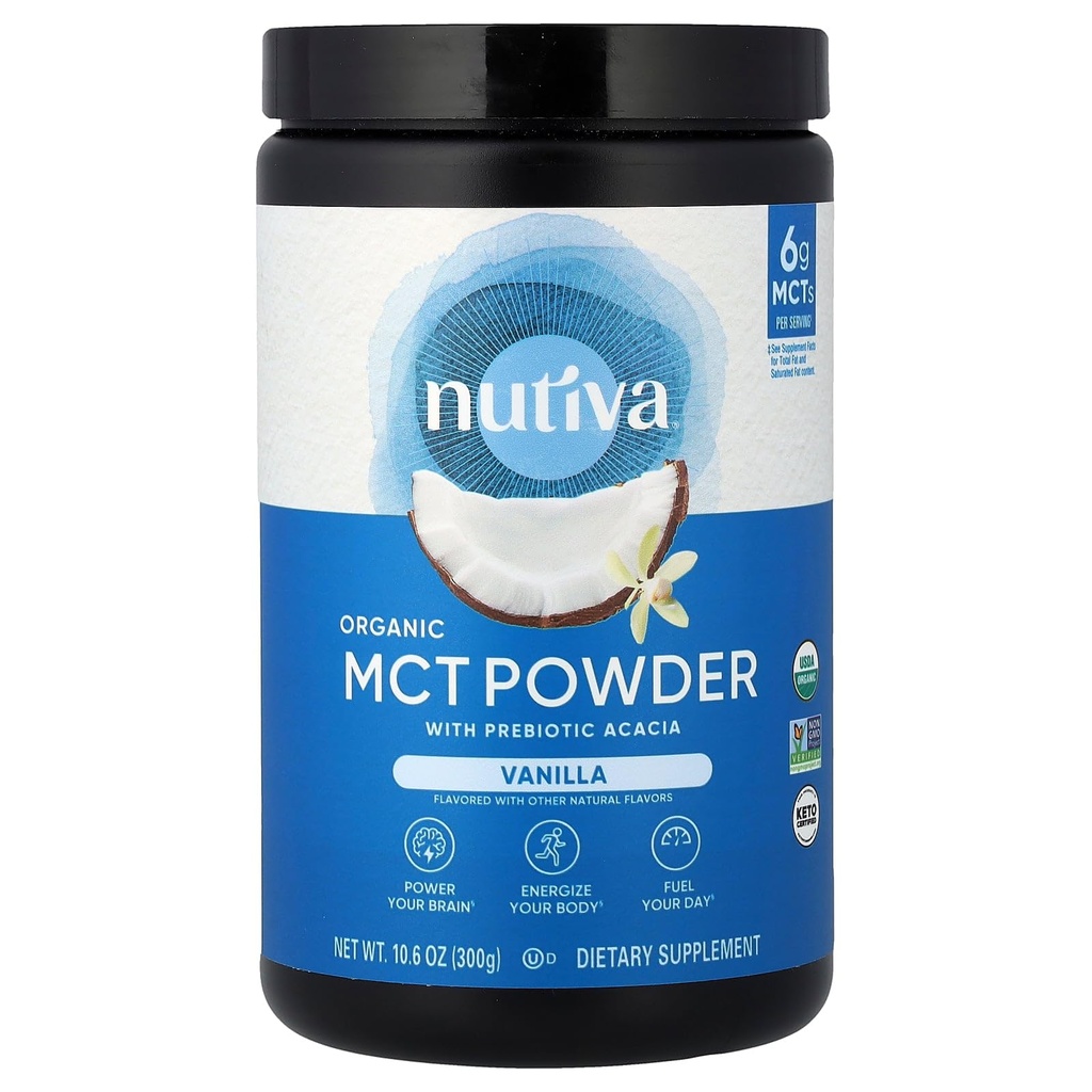 Nutiva Organic MCT Prášek s Prebiotic Acacia Fiber, Vanilla, 10.6 Oz, USDA Organic, Non-GMO, Non-BPA, Vegan, gluten- Free, Keto & Paleo, Instant Nápoje nebo posílení kávy & Smoothies