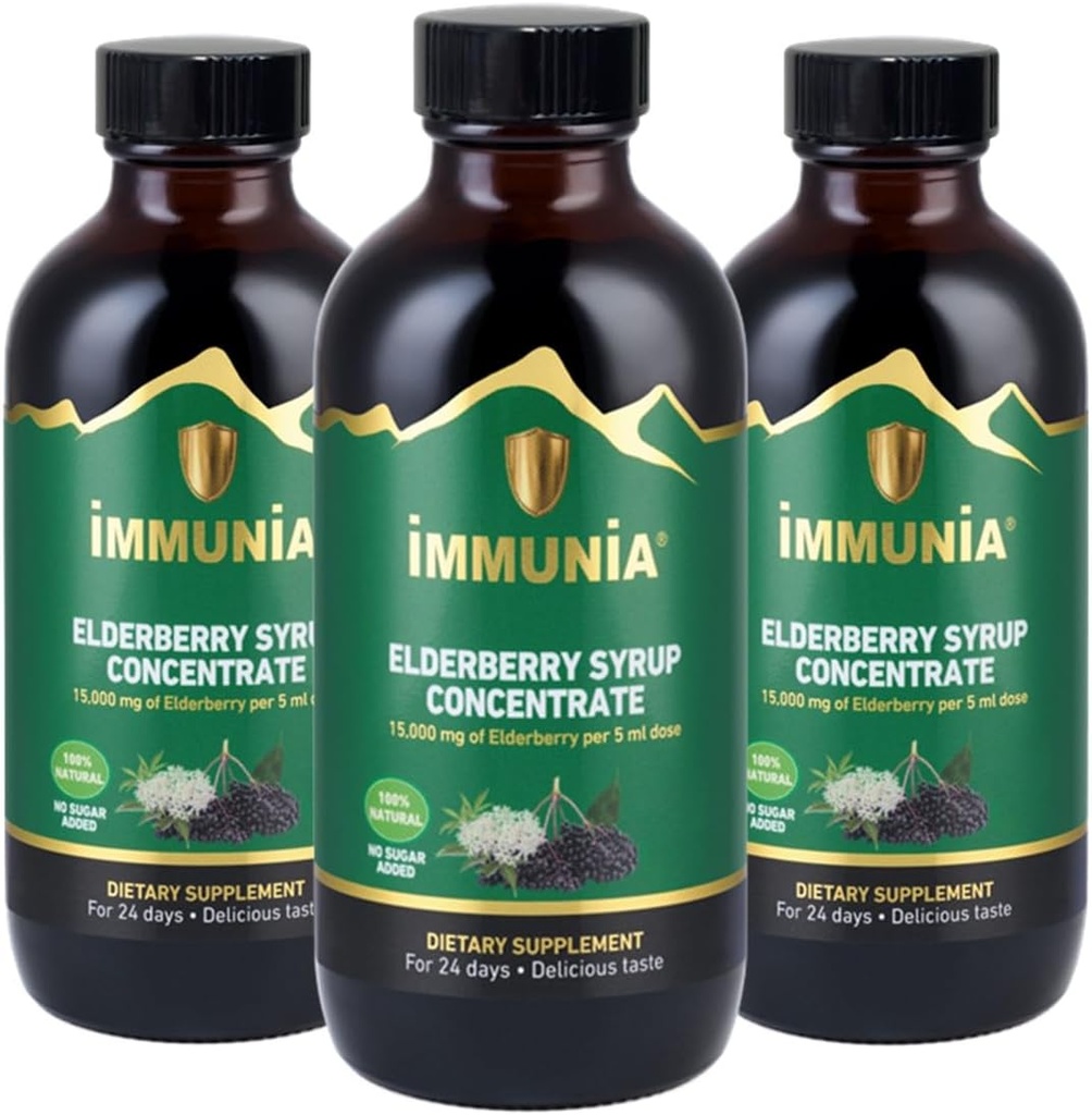 Imunia Elderberry Sirup pomáhá posílit imunitní systém. Elderberry Concentrate s Elderflower, Thyme a Peppermint. Bez cukru. Vynikající chuť. 24 dní / láhev. (3-Pack)