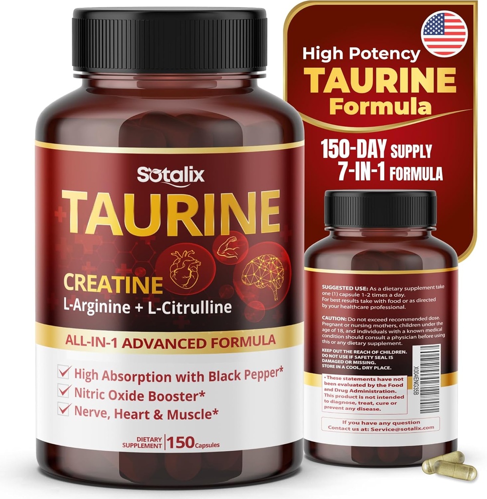 Taurin s Creatine, L- Arginin, L- Citrulline Vysoká absorpce s Black Pepper Oxide Booster, Muscle USA Made & Tested (150 Počet (balení po 1))