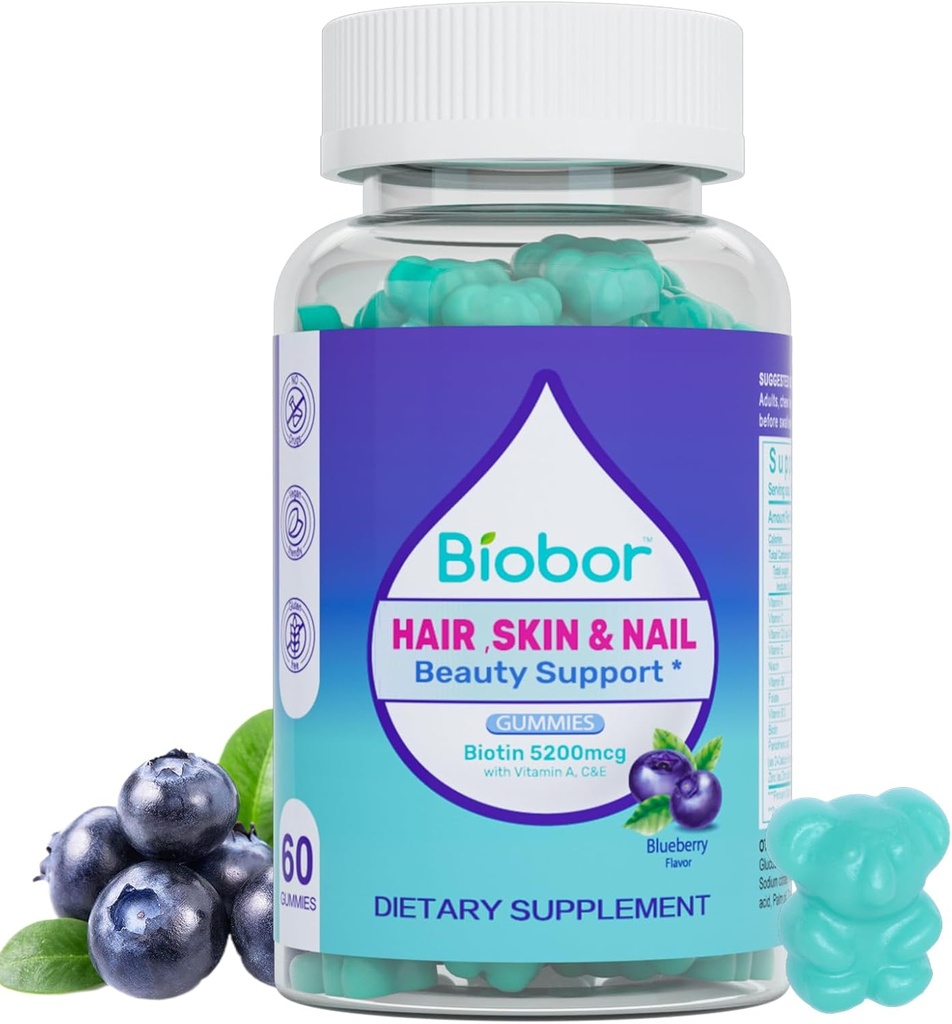 Vlasy Kůže a nehty Vitamíny Gummies, 5200 mcg Biotin Vegan Žvýkací doplněk pro ženy s Vitamíny A C D E, Borůvkové ochucené, 60 Počet (Náhodné balení)