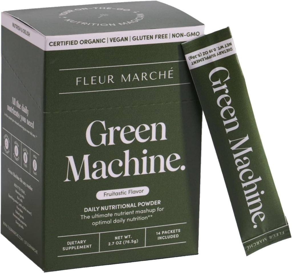 Fleur Marche Green Machine Super Green Powder Packets - Organic Green, Ovoce & Probiotika - Superfoods for Digestion, Energy, Mikrobiome Support & Detox - On- The- go Green Juice - 14 Packets