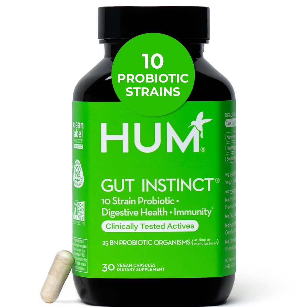 Instinkt HUM Gut Denní probiotika pro ženy a muže, Digestivní zdraví, Lactobacillus, Bifidobacterium Strains pro imunitní podporu, Probiotický dodatek pro zdravou rozmanitost Gut, 30 Kapsle