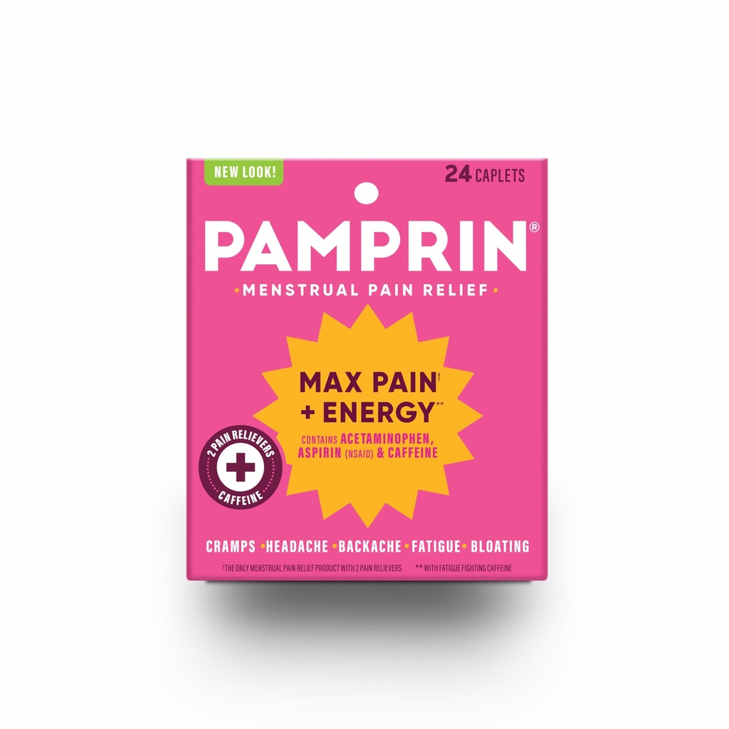 Pamprin Maximální síla Max bolest a energie Formule, Menstruační období Symptomy Relief pro křeče, nadýmání a únava, 24 Kaplety
