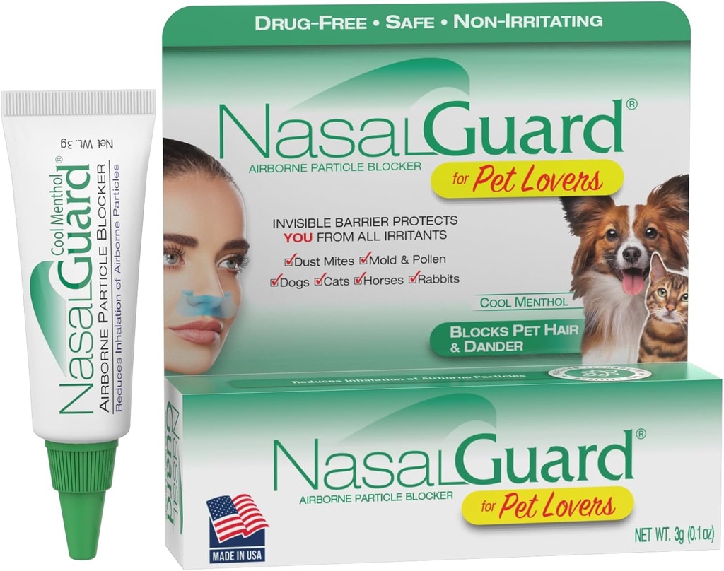 Airborne Particle Blocker Gel for Pet Lovers - Pomáhá snížit inhalaci vlasů, Dander & Alergens - Drog- Free, Denní použití, Made in USA (Cool Menthol, 3g Tube)