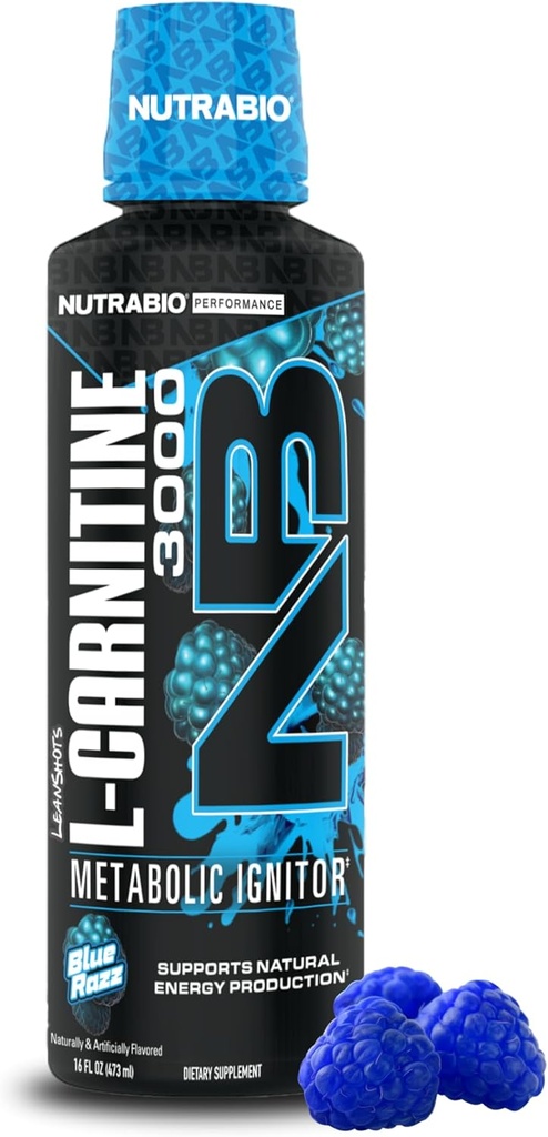 NutraBio - L- karnitinové kapalné výstřely - 3000mg, (Blue Razz) - 10mg vitaminu B-5 - Nulové sacharidy & Sugars - Výroba energie - Svalová regenerace