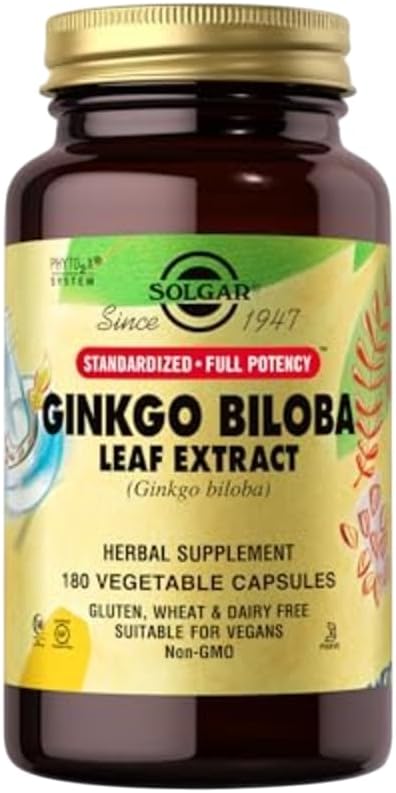 Solgar Ginkgo Biloba Leaf Extract - 180 Zeleninové kapsle - Standardizované Full Potency (SFP) - Non- GMO, Vegan, Gluten Free, Dairy Free, Kosher, Halal - 180 Služeb