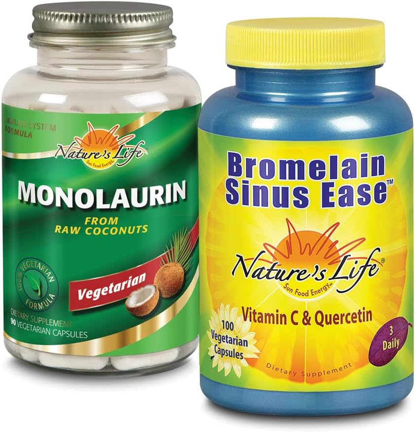 Nature 's Life Monolaurin & Bromelain Sinus Ease Bundle 124; Zdravá imunitní funkce & Respirační podpora