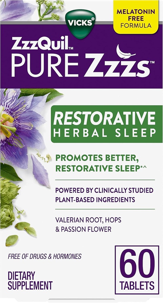ZzzQuil PURE Zzzs Restorative Bylinný spánek, Tablety, Drogy a Hormony, Melatonin- Free Formule, Kořen Valerie, Chmel, Vášeň Květ, Spánkové pomůcky pro dospělé, 60 Počet