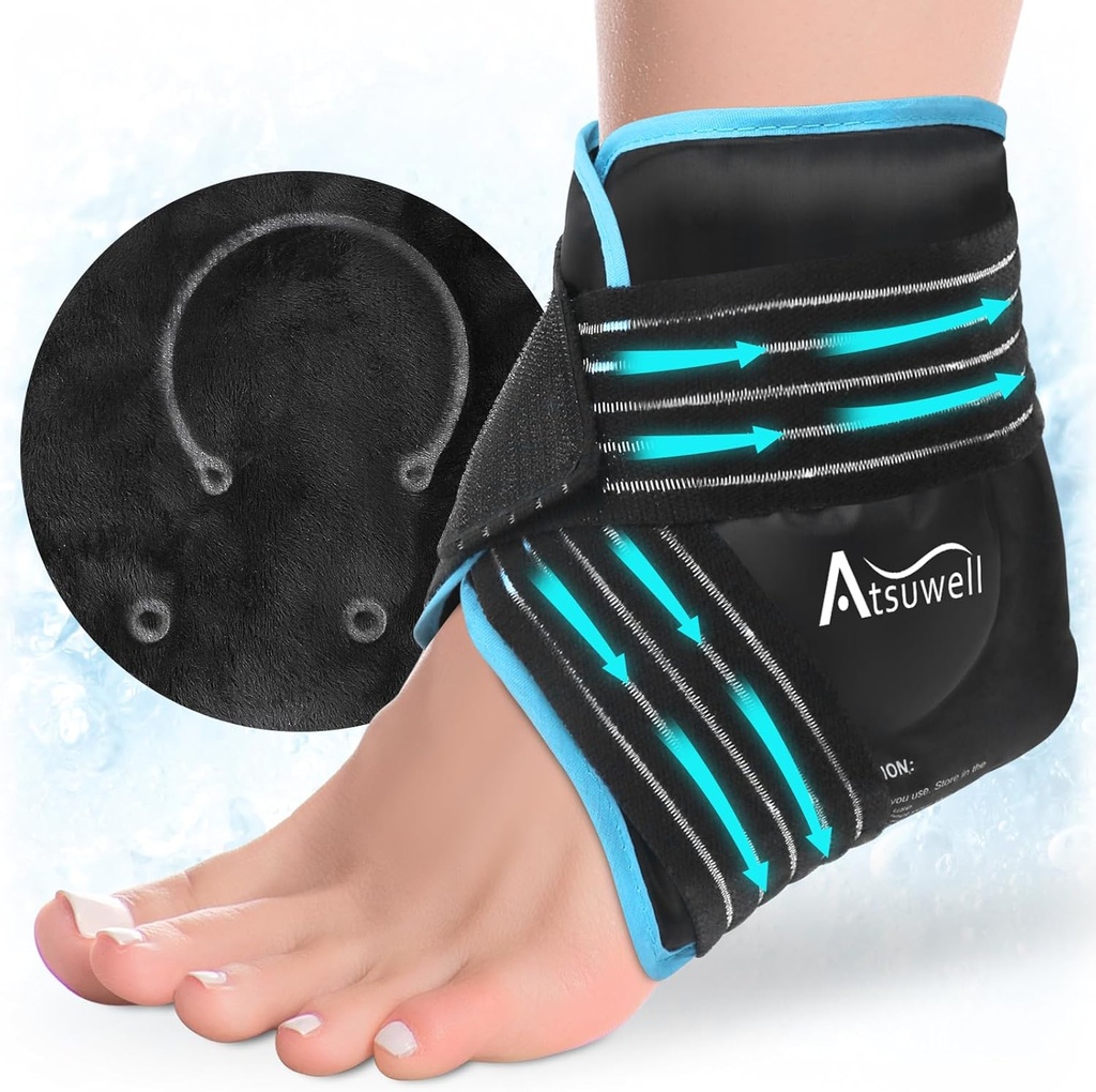Atsuwell Ankle Ice Pack Wrap, Reuse Gel Ice Pack for Foot Ankle Heel, Foot Ice Wrap with Soft Plush Lining, Cold Compress Therapy for Soothing Discomfort, Black