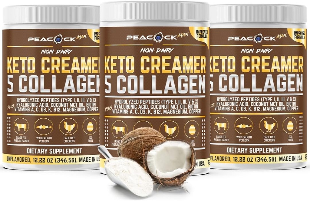 Kolagen Keto Coffee Creamer Powder 12.22 oz, balení po 3, Hydrolyzované kolagen Peptidy s kokosem MCT olej, hořčík, neochucený proteinový prášek, bez cukru kávový krém pro smoothies