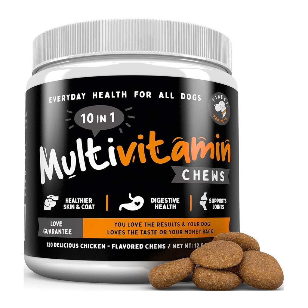 Nejlepší pro zvířata Multivitamin Dog dodatek - 10 v 1 s Omega Fish Oil & Glucosamine pro lepší kloubní a kožní podporu, Gut, Digestion & Imunní každodenní zdraví (120 Žvýkací léčby)