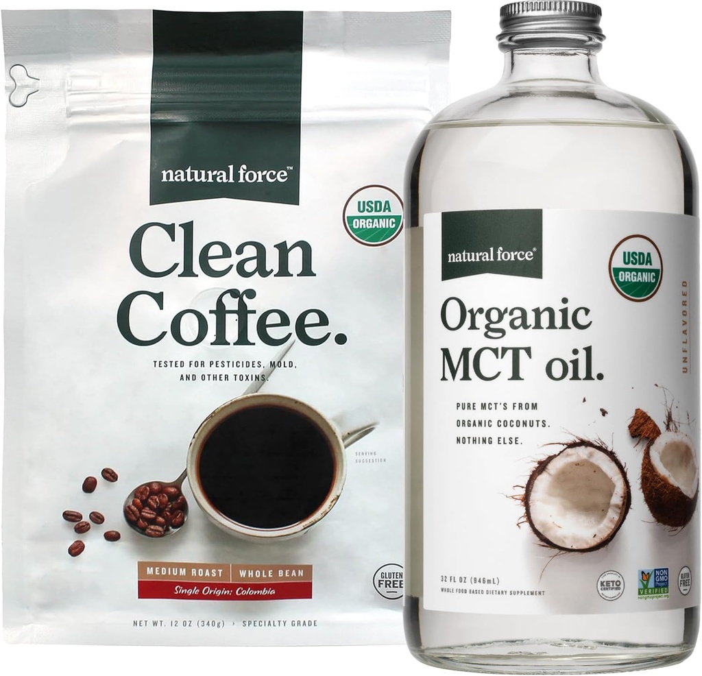 Natural Force Organic Clean Coffee + Organic MCT Oil Bundle - 100% čisté kokosové MCTs & Mold & Mycotoxin Free Coffee - Non- GMO, Keto, Paleo, a Vegan - 12 Oz Bag a 32 Oz skleněná láhev