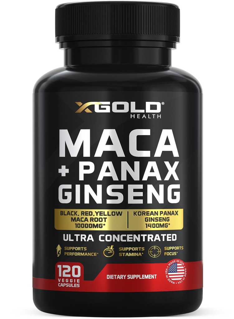 Maca Root Kapsle 10 000 mg + Korean Panax Ginseng 1 400 mg - 20x Koncentrovaný extrakt černý + červený + Žlutý Maca Root, 10x Koncentrovaný extrakt Panax Ginseng Kapsle - Ultra potent & high purified