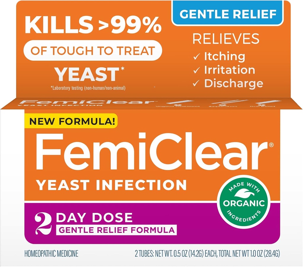 FemiClear Gentle Relief Formula 2 Day Infection Treatment, Gentle Formula for More Sensitive Individuals, All-Natural Ingredients Ointment + External Itch Relief Ointment, Feminine Care Products