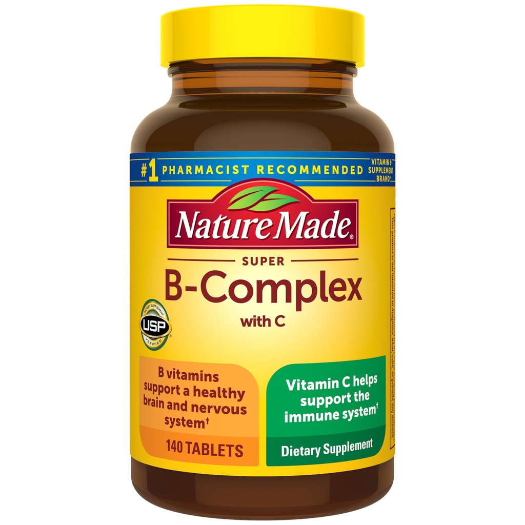 Příroda vyrobena Super B komplex s vitaminem C & kyselina listová, B Komplexní vitaminy pro ženy a muže, Dietní dodatek pro imunitní podporu, 140 Tablety, 140 Den Dodávka