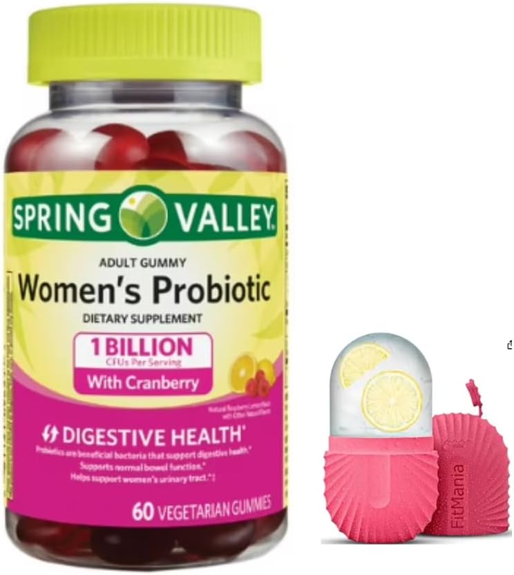 FitMania Spring Valley Ženské Cranberry Probiotický dodatek Spring Valley Vegetariánské gumy, Malina Lemon, 60 Počet a Dárkový Led Roller pro tvář