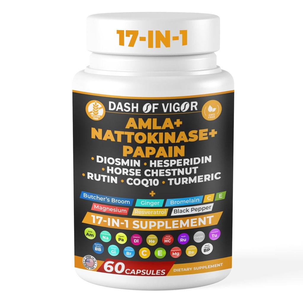 Dash of Vigor Amla Extract, Nattokinase, Papain, Diosmin, Hesperidin, Butchers Broom, Horse Chestnut, CoQ10, Turmeric, Vitamin C a Rutin - 60 Kapsle