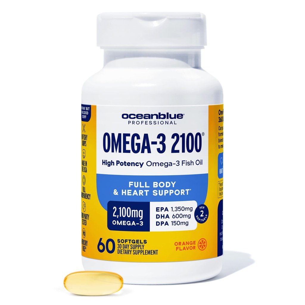 Oceanblue Professional Omega-3 2100-60 Počet - high- potency Triple Strength Burless Fish Oil Dodatek s EPA, DHA & DPA - Orange Flavor, 30 Služební