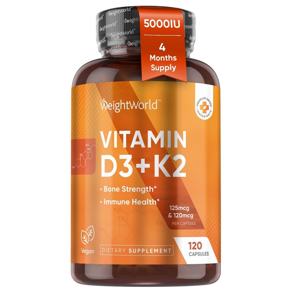 Vitamin Vegan D3 K2- 120 Kapsle - 5000 IU D3 & K2 120mcg pro kostní sílu a imunitní zdraví - K2 D3 Vitamin dodatek Plant- based Cholekalciferol from Wild- Harvested Lichen
