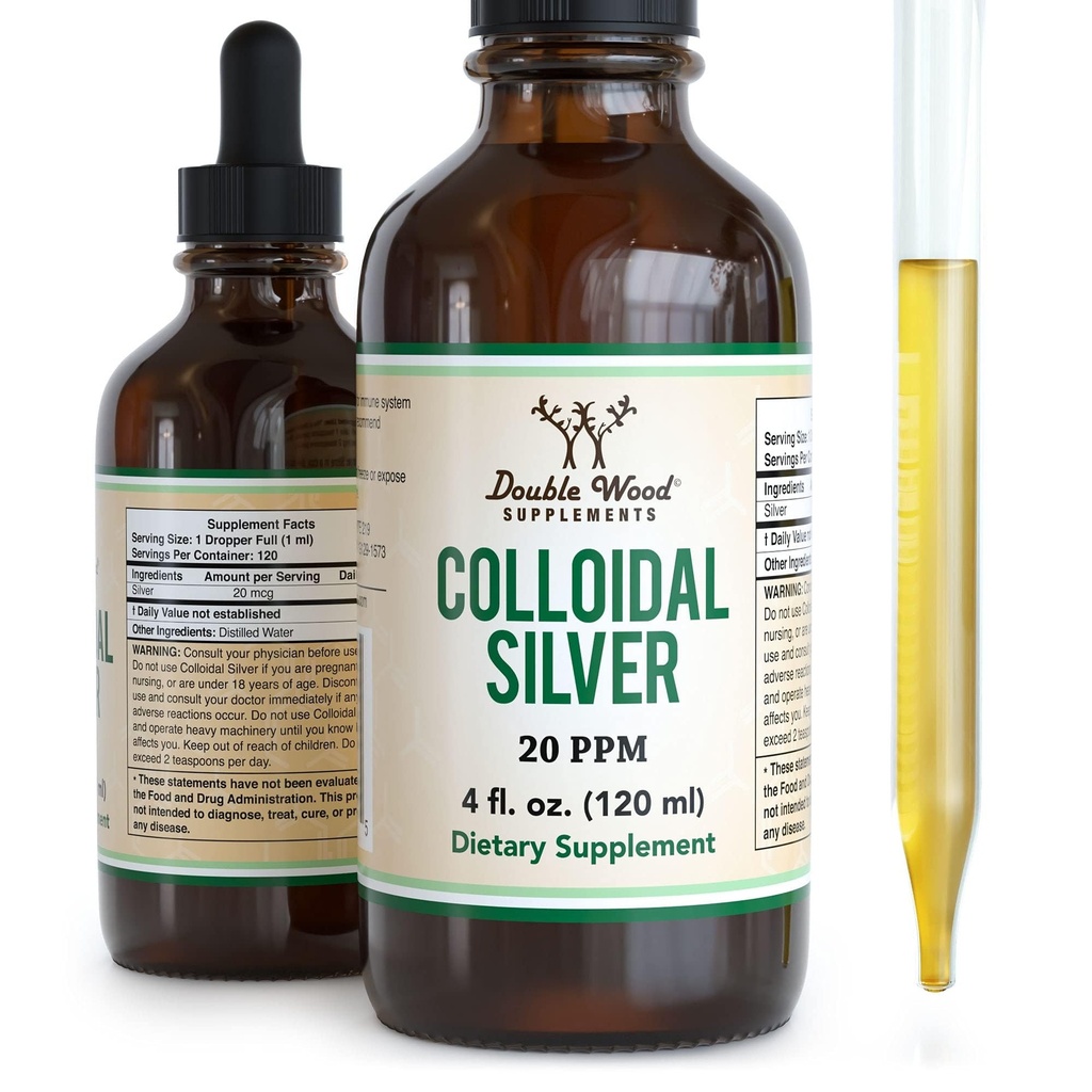 Koloidní stříbro Liquid 20 PPM - 4 Fl OZ (Plata Coloidal with Dropper) 99,9% Čisté, Gluten Free, Non- GMO by Double Wood Dodatky