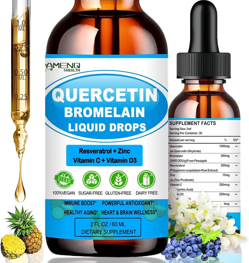 Quercetin s vitaminem C a zinkem - Quercetin Liquid Drops - Quercetin s Bromelainem - Zinek Quercetin - Doplněk pro imunitní podporu pro respirační zdraví a reakce těla na občasné alergie