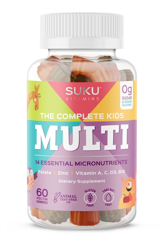 SUKU Kompletní děti multivitaminové žvýkačky - Vitamíny A, C, D, E, B6, B12, Folát & zinek - Imunitní podpora, Sugar- Free, gluten- Free, Non- GMO, Tropické Bonanza Flavor - 60 Počet