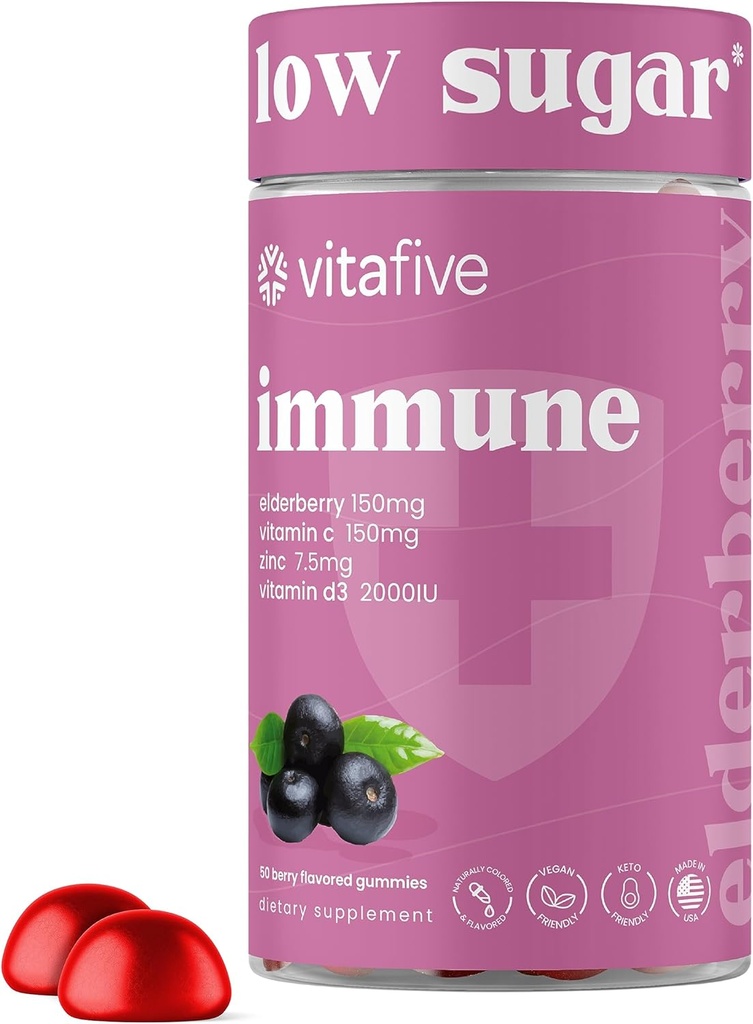 vitafive Elderberry Gummies - Nízká hladina cukru Imunitní podpora pro dospělé - s vitaminem C a zinkem Citrát - Vegan, Allergen Free (50 Ct)
