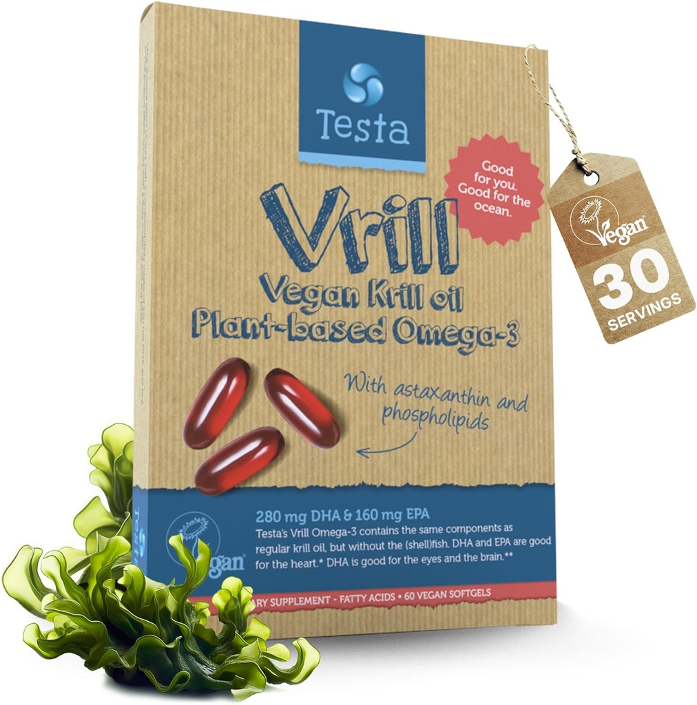 Testa Omega 3 Vegan Krill Supplement- 1000mg Softgels, 2 krát více Omega-3, DHA, EPA, Astaxanthin, Fosfolipidy - Srdce, mozek, oko, společná podpora - Ne z ryb, Řasy zdroj - 60 Softgels