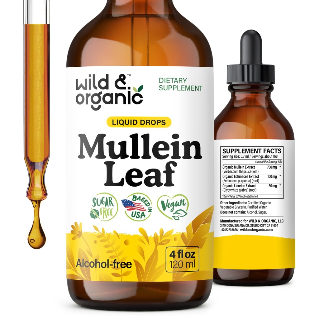 Wild & Organic Mullein Tincture - lung Cleanse and Detox - Liquid Mullein Leaf Extract for Lungs with Echinacea - Verbascum Thapsus Drops - Vegan, Cukr & Alcohol- Free Supplement - 4 fl oz