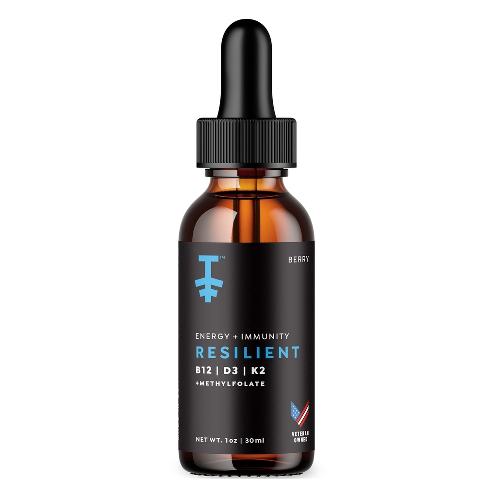 PROTEKT Resilient Vitamin D3 K2 B12 Kapky - tekutý B12 K2 D3 Vitamin dodatek s methylfolátem, kapalné Kapky pro energii a obnovu, Methy Folát pro spánek & Mood - Natural Berry 30ml