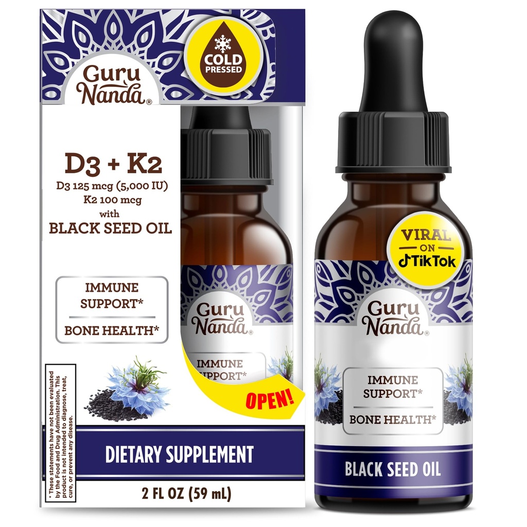 Gurunanda Black Seed Oil, Cold- Pressed Nigella Sativa - Bohatá na vitamín D3 5000 jednotek, K2 & E, High Thymoquinone current124; Potenciální antioxidant pro imunitní podporu, Non- GMO, 2 Fl.oz