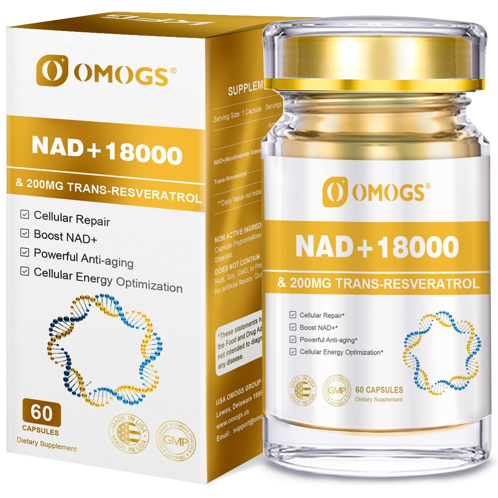 OMOGS NAD + 300 mg + Trans- Resveratrol 200 mg, čistý doplněk NAD, Max Absorpce, Zvýšení doplněk pro opravu DNA, zdravé stárnutí, buněčná energie a dlouhověkost, 60 Kapsle