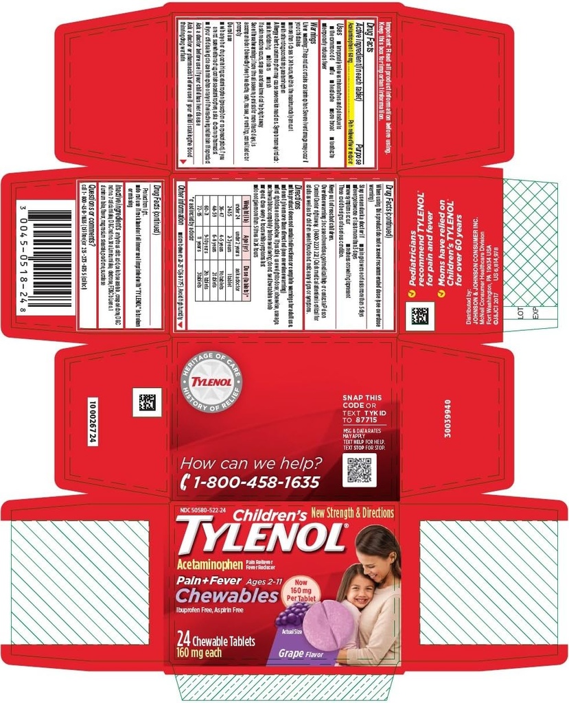 Tylenol Dětská bolest + Horečka Žvýkací tablety Grape Flavor - 24 ct, balení po 4 ks
