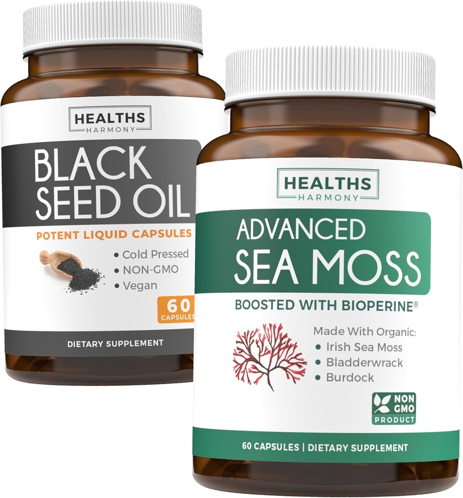 Black Seed Oil & Irish Sea Moss (1-Month Supply) - Wellness Duo Bundle of Black Seed Oil (60 Kapsle)