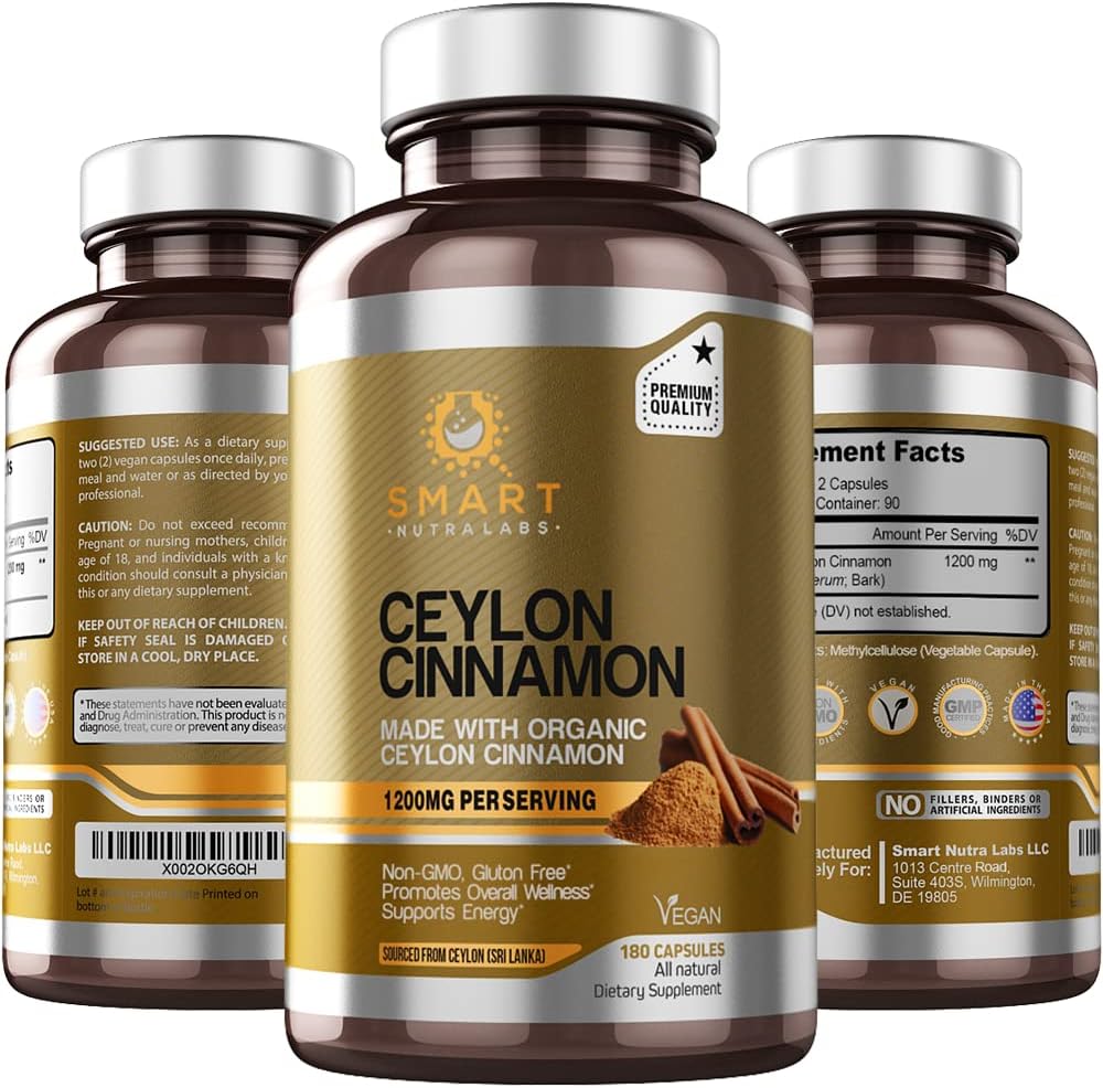 Smart Nutra Labs Organic Ceylon Skořice Dodatek 1200mg na Serving, 180 Vegan Kapsle, 100% čisté, Pravý Ceylon Skořice