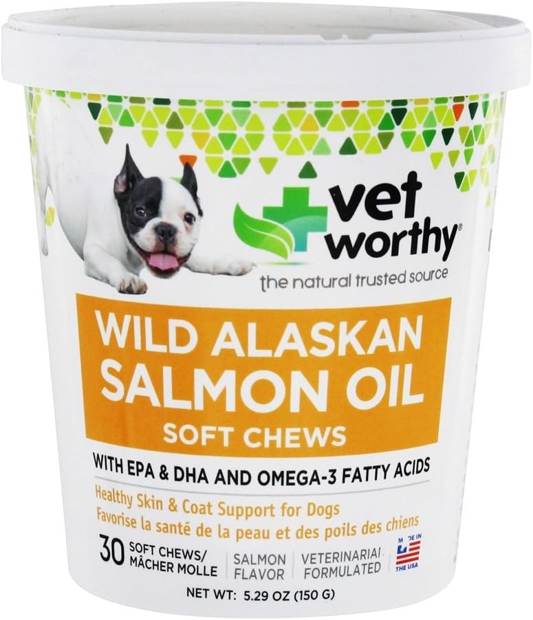 Vet Worthy Losos Oil Skin and Coat Soft Chews for Dogs - Dog Supplement to Support Health Skin and Beautiful Coat - Rybí olej dodatek s Omega 3 mastné kyseliny - Lososové aroma - 30 Soft Chews