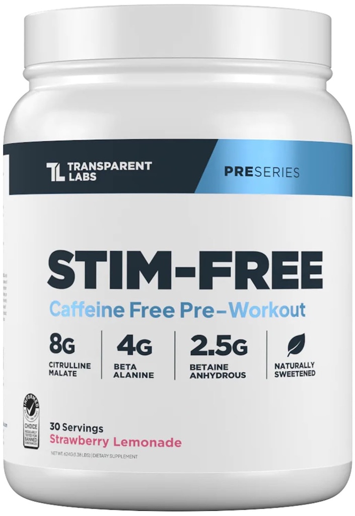 Transparentní Labs Stim- Free Pre- Workout - Kofein & Stim zdarma PředWorkout Prášek pro muže a ženy s Beta Alanin Powder, Citruline Malate, & elevaTP - 30 Servings, Jahodová limonáda