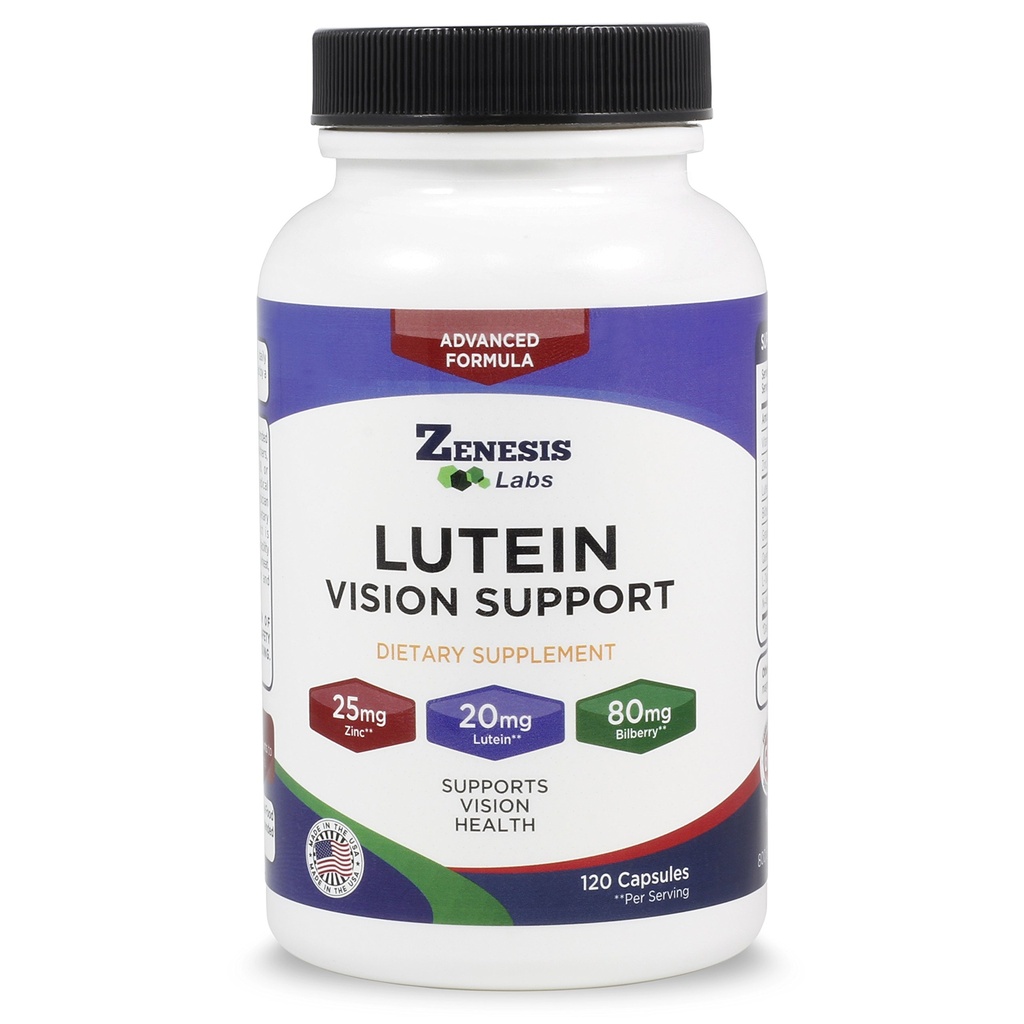 Zenesis Labs Lutein Vision Support - Essential Eye Vitamin - s bilberry, betakaroten, zinek, grapeseed a ostatní minerální látky - 120 Kapsle - 60 denní dodávka