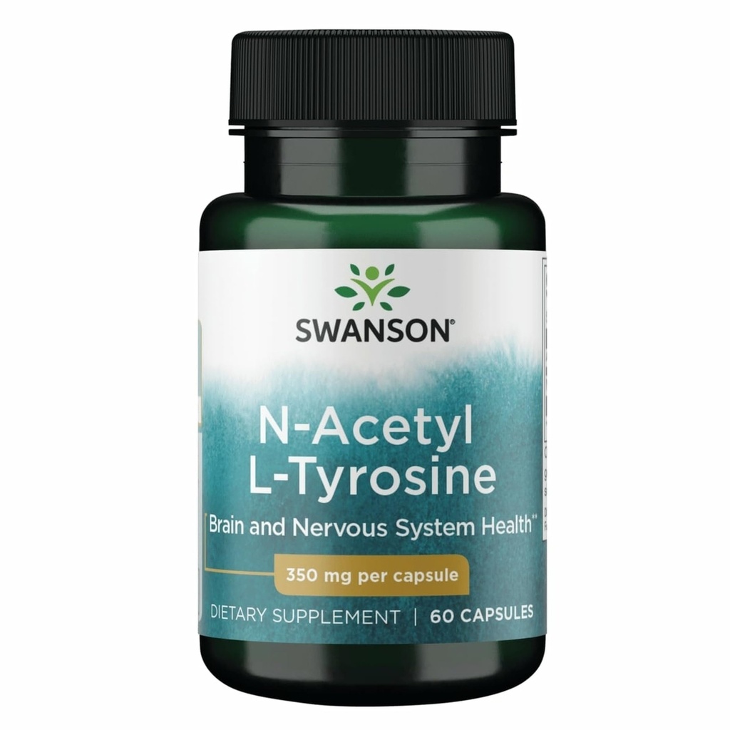 Swanson N- Acetyl L- Tyrosin - Amino Acid Supplement Podpora celkového zdraví mozku a centrálního nervového systému Funkce - Promotes & Cognitive Health - (60 Kapsle, 350mg každý)