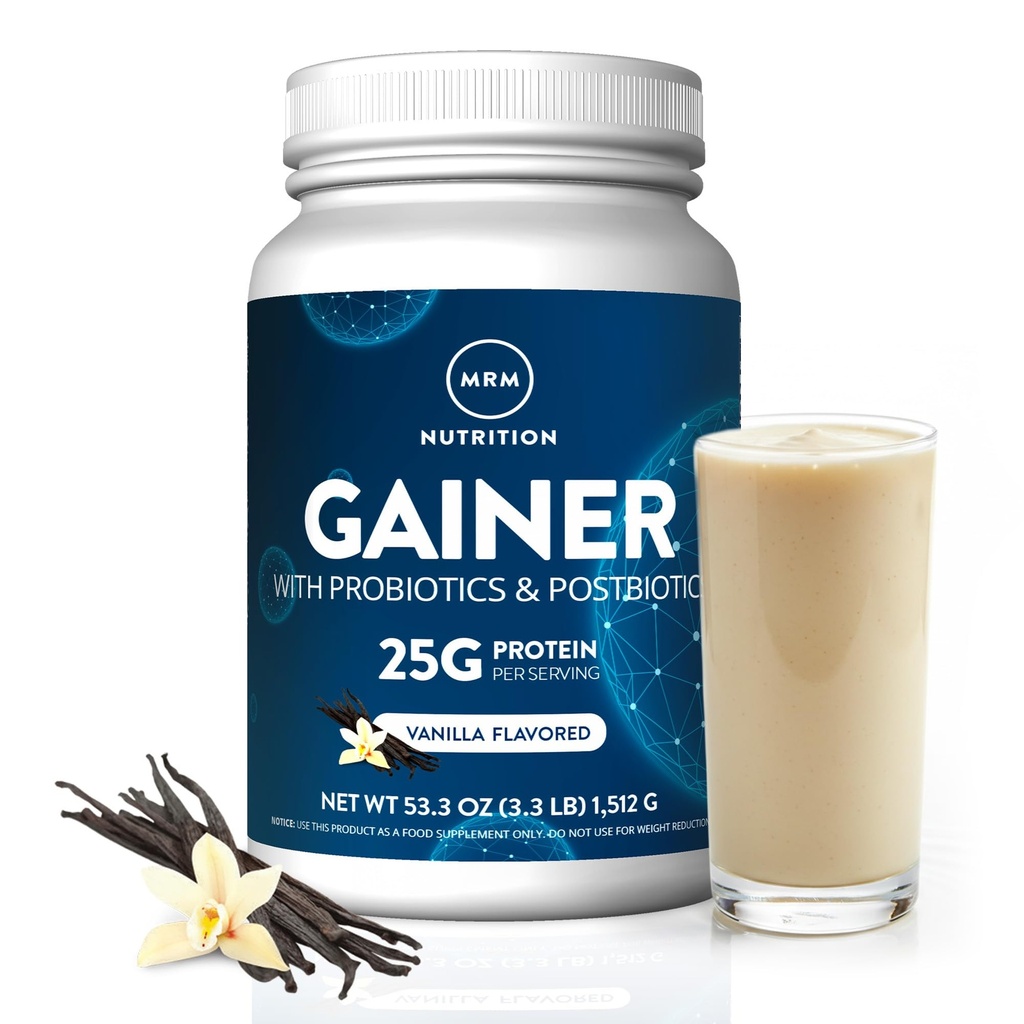 MRM Nutrition Gainer Protein with Probiotics + Postbiotics CLAS124; Vanilla Ochucené CLAS124; 25g Protein CLAS124; Syrovátkový koncentrát + izolát + micelární kasein CLAS124; Pomalé + rychlé trávení CLAS124; s trávicími enzymy CLAS124; 18 Servings