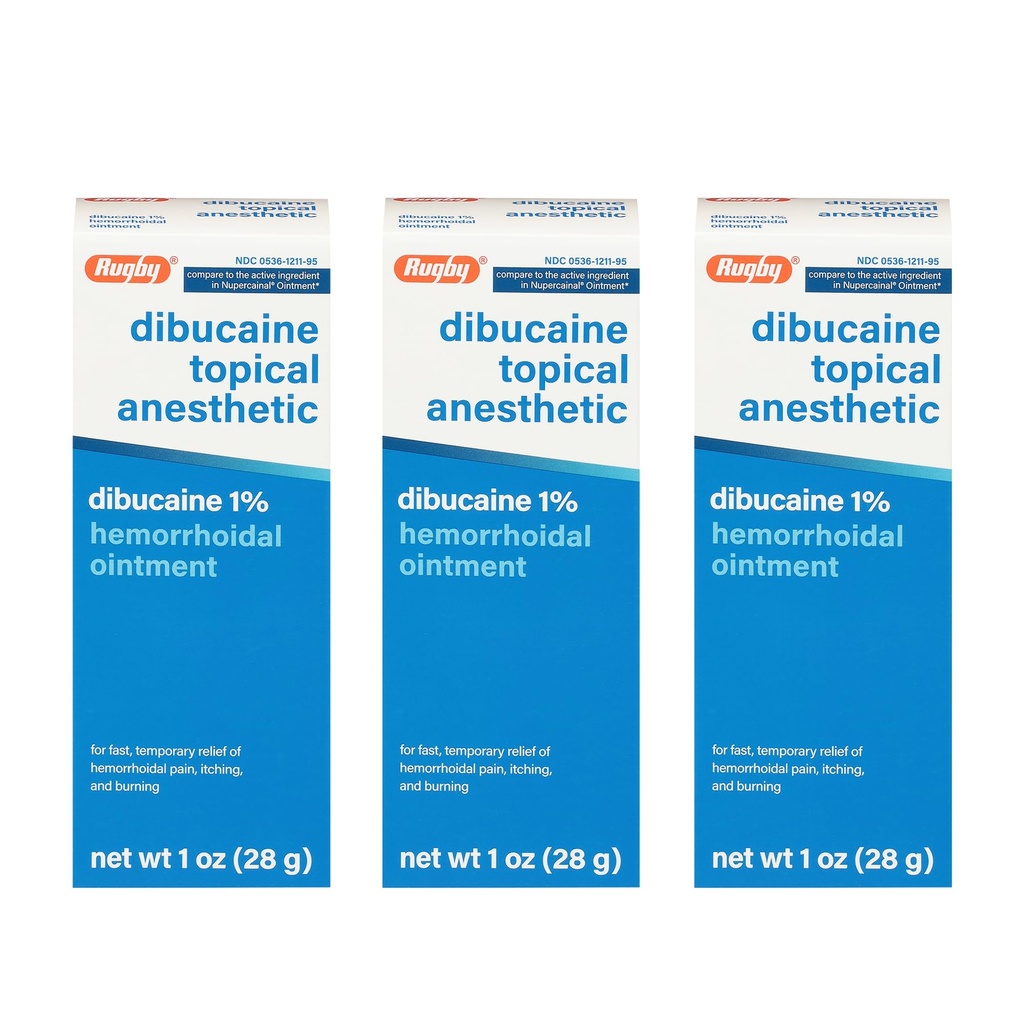 Rugby Dibucaine Topical Anestetic 1% Hemeroid Ointment - Pain Relief Cream for Stening and Burning, Hemeroid Treatment, Anti Itch Cream 1 Oz (3 Pack)