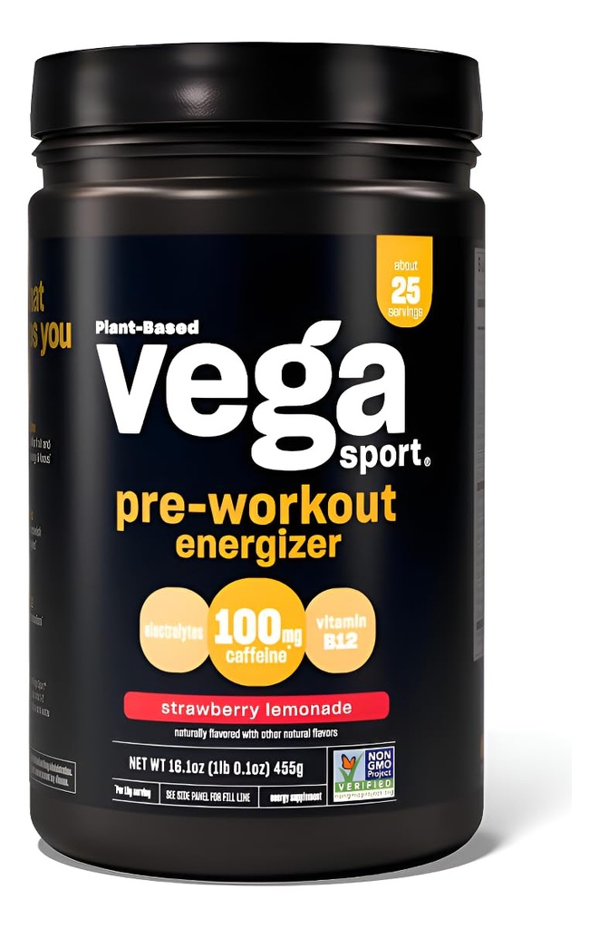 Vega Sport Pre- cvičení Energizer, Strawberry Lemonade - Předcvičení prášek pro ženy a muže, podporuje energii a soustředění, elektrolyty, Vegan, Keto, gluten zdarma, non GMO, 1,1 kg