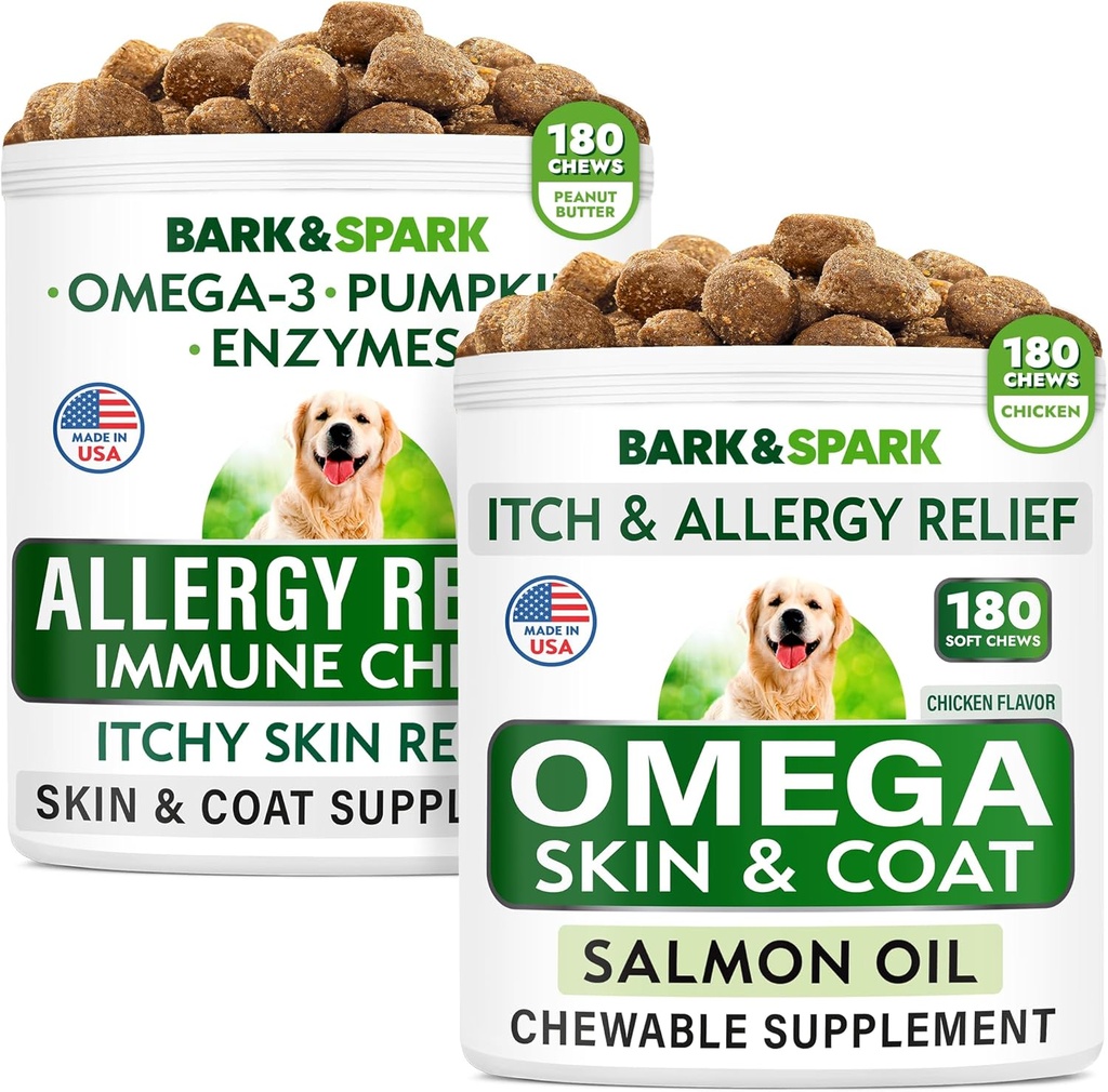 Alergie Relief + Omega 3 pro psy Bundle - anti- itch kůže & coat + kůže Alergie - Omega 3 Fish Oil + EPA & DHA Fatty Acid - Svědění a lízání tlapek + Společné zdraví - 360 Žvýkačky - Vyrobeno v USA
