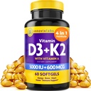 Vitamin D3 K2- 5000 IU Vitamin D3 Plus 600 mcg Vitamin K2 MK4 a MK7 pro Max kalcium absorpce, podporuje kosti, imunitní, srdce zdraví, třetí strana testováno, gluten zdarma, 60 Softgels